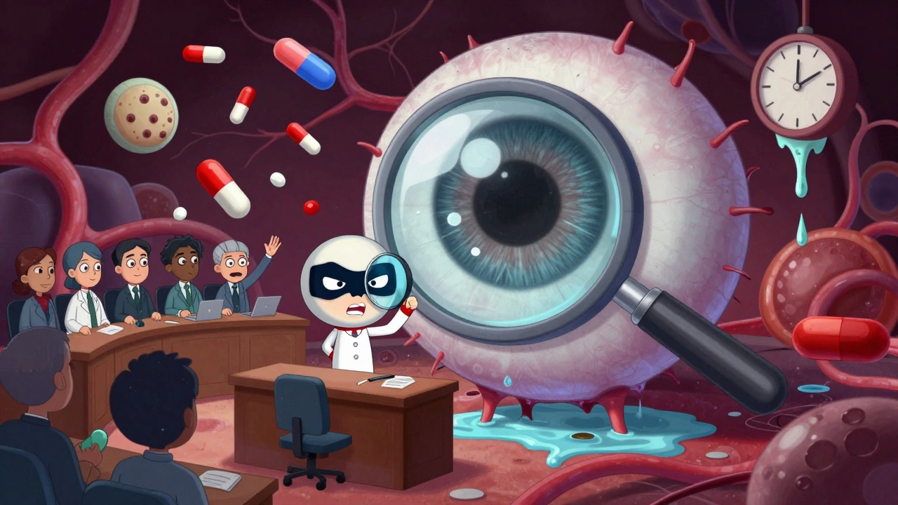 Courtroom inside an eyeball with immune system on trial, steroid pills raining down, in Adult Swim surreal cartoon style.
