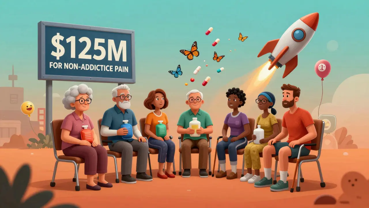 Diverse patients using non-opioid therapies as opioid pills turn into butterflies, under a giant NIH funding sign.