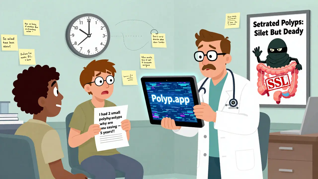 Doctor arguing with patients over polyp follow-up times in a chaotic office