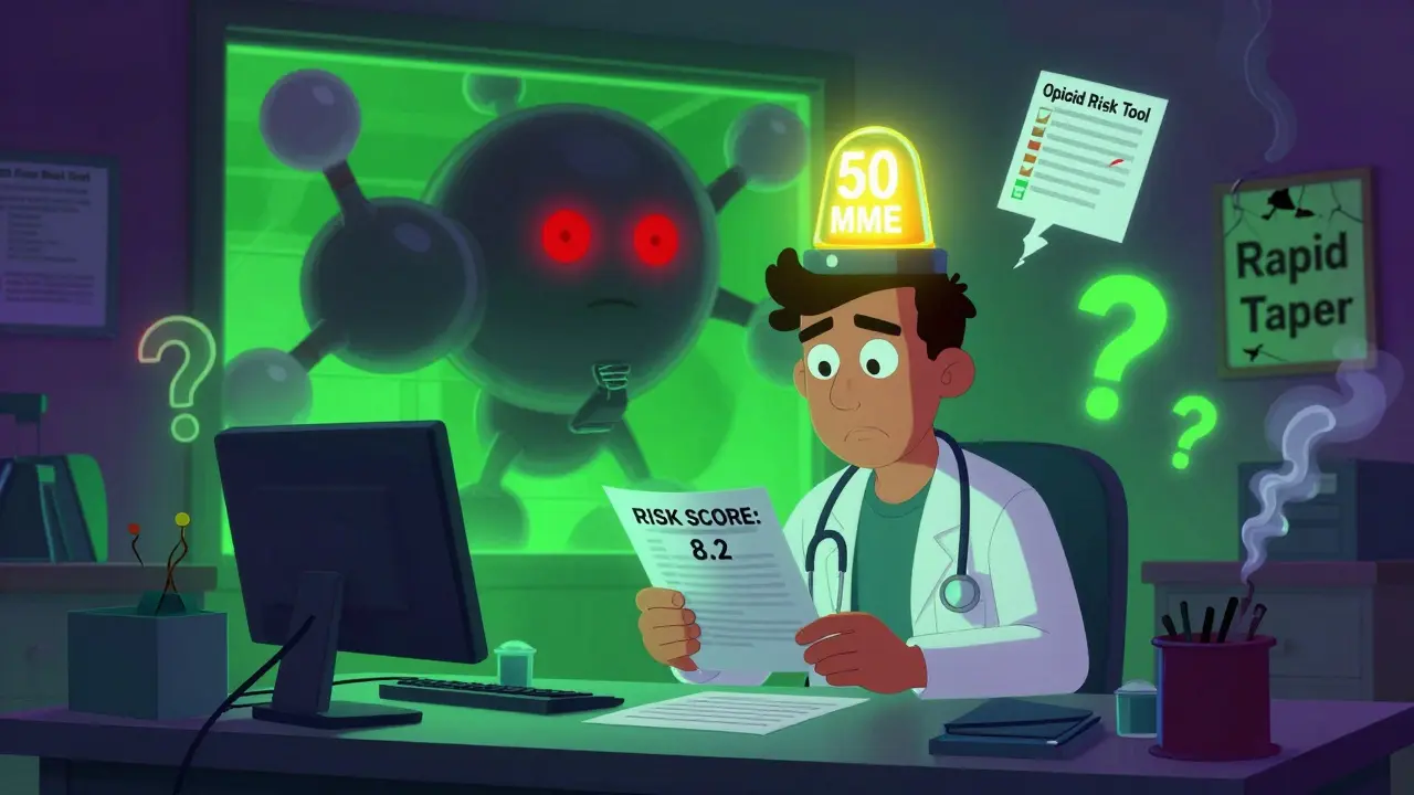 Doctor facing a glowing 50 MME warning with a menacing fentanyl molecule in the background, in bold Adult Swim cartoon style.
