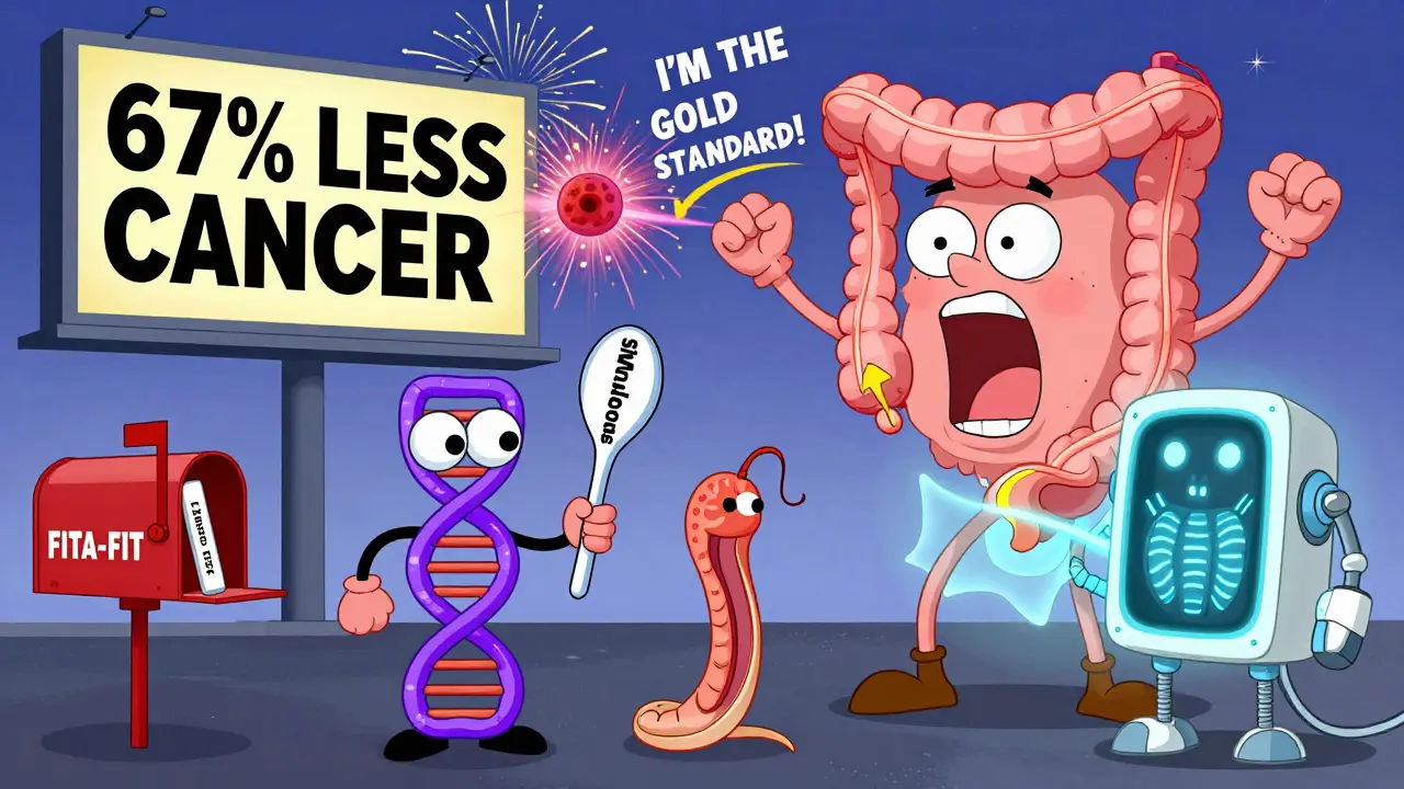 Four screening tests personified as characters arguing with a giant colon labeled 'Gold Standard'