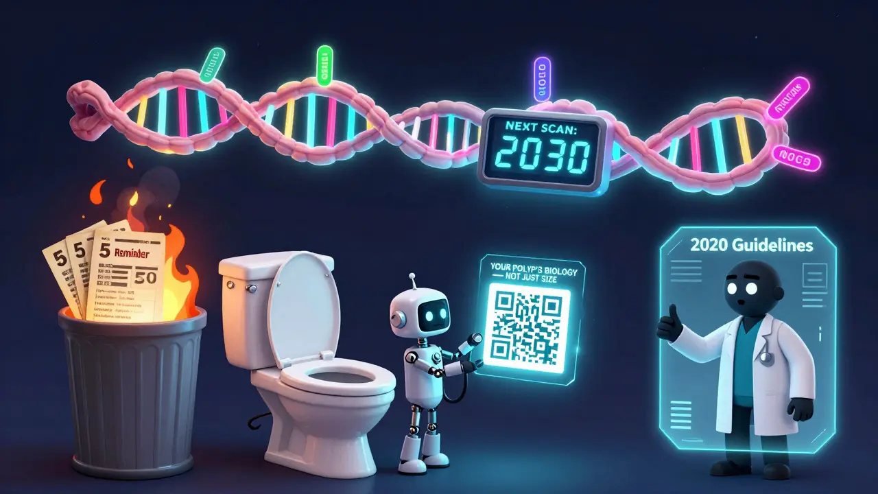 Glowing DNA strand with countdown timer above colon, outdated cards burning in toilet trash