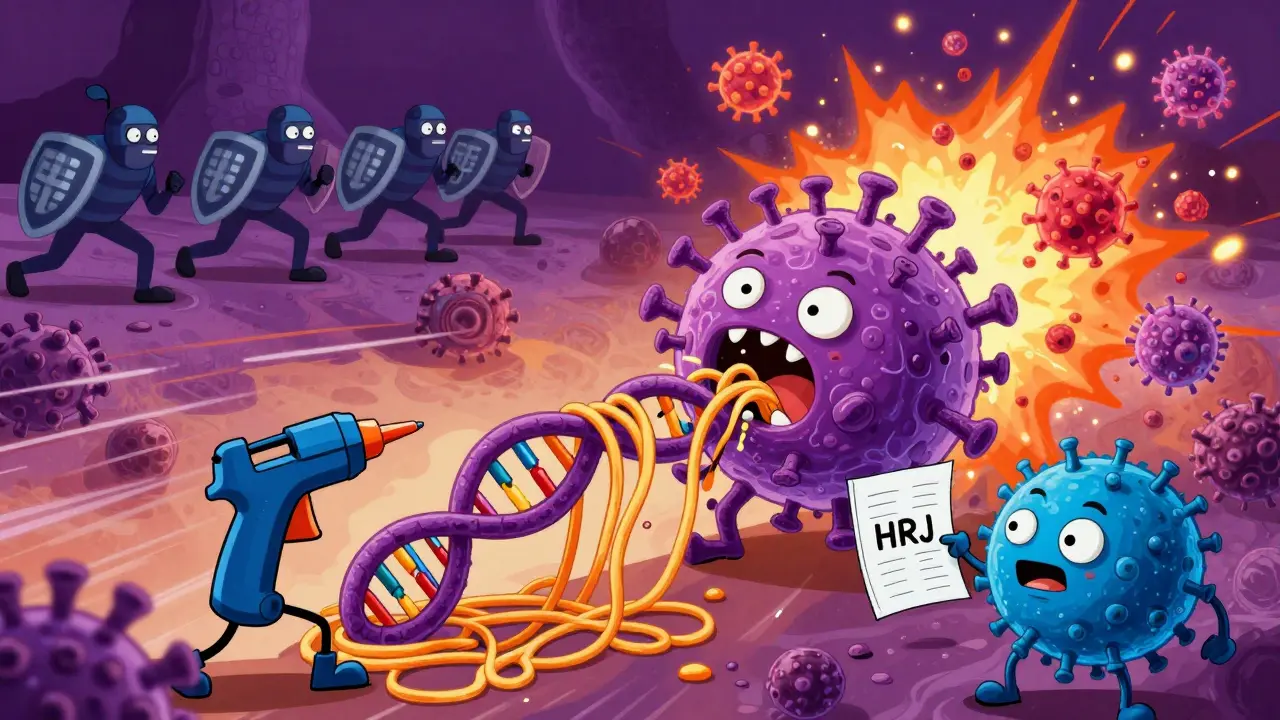 Microscopic repair proteins arguing over broken DNA as immune soldiers charge in during cell division chaos.