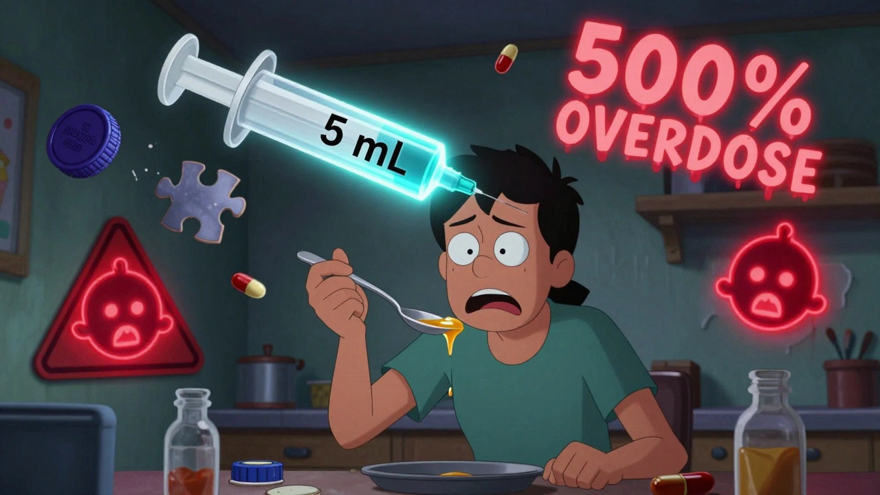 Parent holding a kitchen spoon while a giant syringe looms overhead, surrounded by floating pill caps and warning symbols.