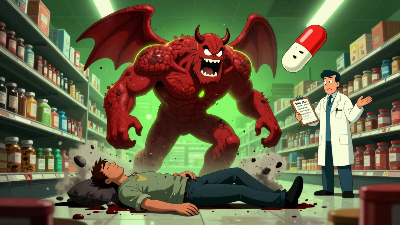 Patient collapsing as cortisol monster disintegrates, opioid pill floats away smugly