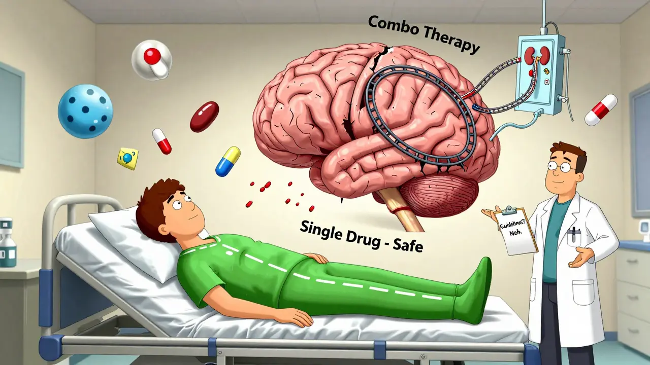 Patient on bed with brain showing safe path vs. collapsing rollercoaster into dialysis machine.
