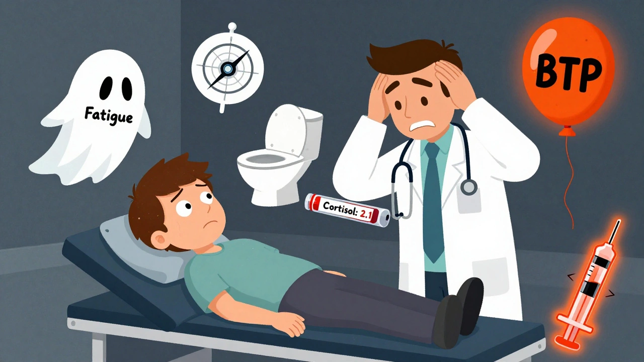 Patient with floating symptom ghosts in a doctor&#039;s office, one holding a low cortisol test
