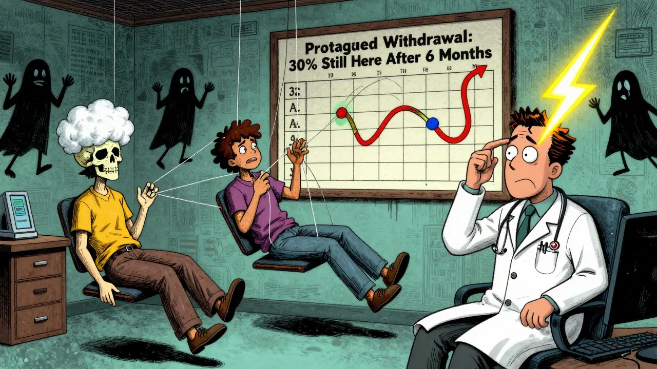 Patients floating with unique withdrawal symptoms in a surreal doctor's office, surrounded by ghostly figures.