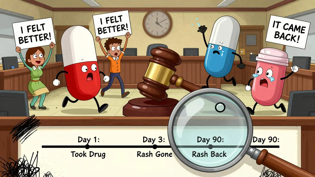 Patients hold signs about drug reactions as giant drugs run through a courtroom with a pill-shaped gavel.