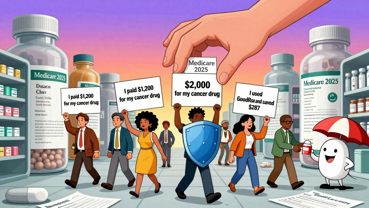 People marching through a surreal pharmacy made of pill bottles, protected by a Medicare shield.