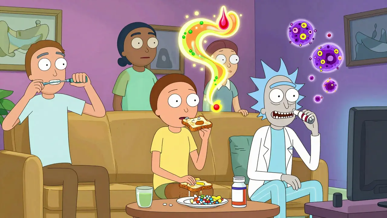 People taking different medications at optimal times of day, each triggering unique biological effects in vibrant cartoon style.