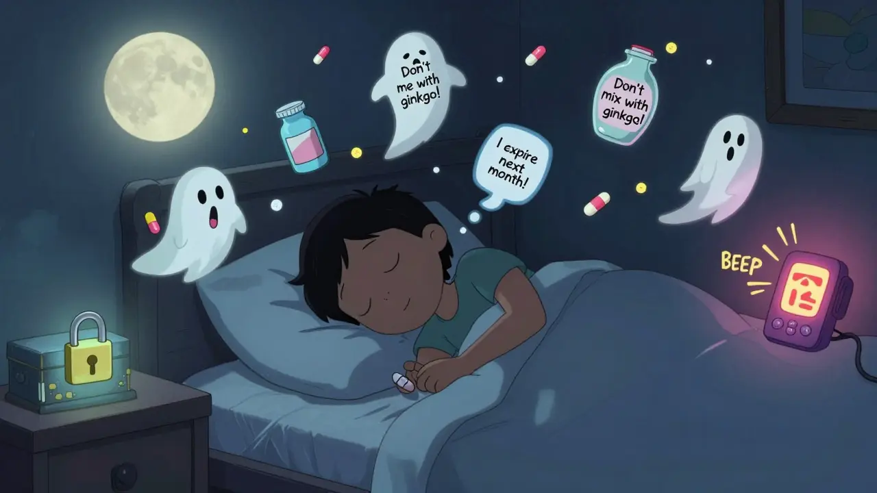 Sleeping person surrounded by friendly, talking pill ghosts and a glowing locked box, with an alarm blaring nearby.