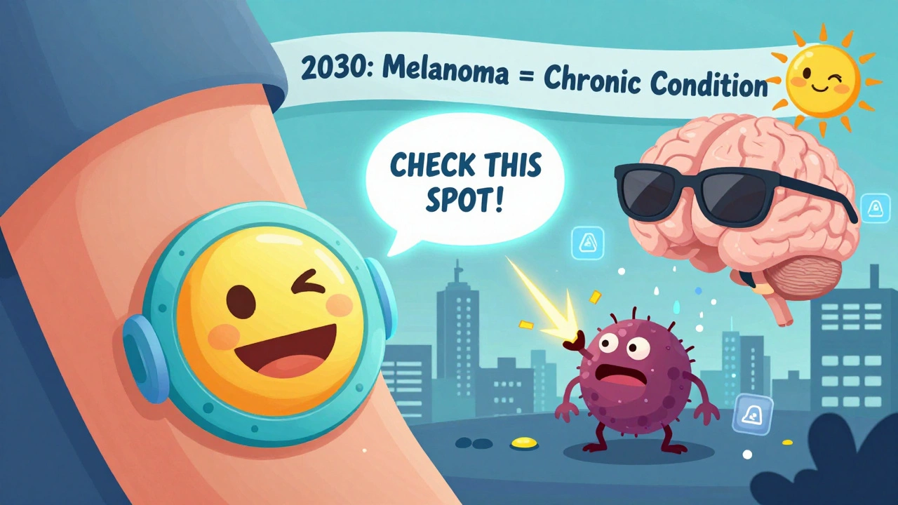 Smiling emoji patch on arm sends notification to check a glowing mole, with AI clinic skyline in background.