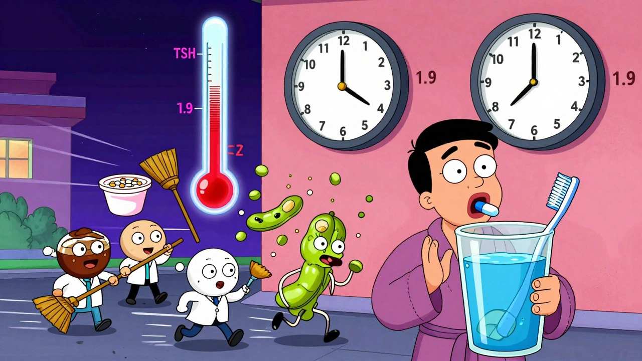 Someone taking thyroid medication at sunrise while food items are being kicked out by cartoon doctors.