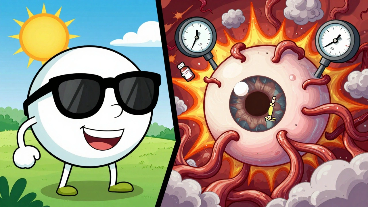 Split-screen of a healthy eye vs. an inflamed eye with internal damage and a trapped patient, in exaggerated cartoon style.