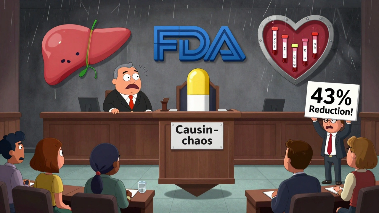 Statin pill on trial in a courtroom with coenzyme Q10 as defense attorney and heart-shaped shield.