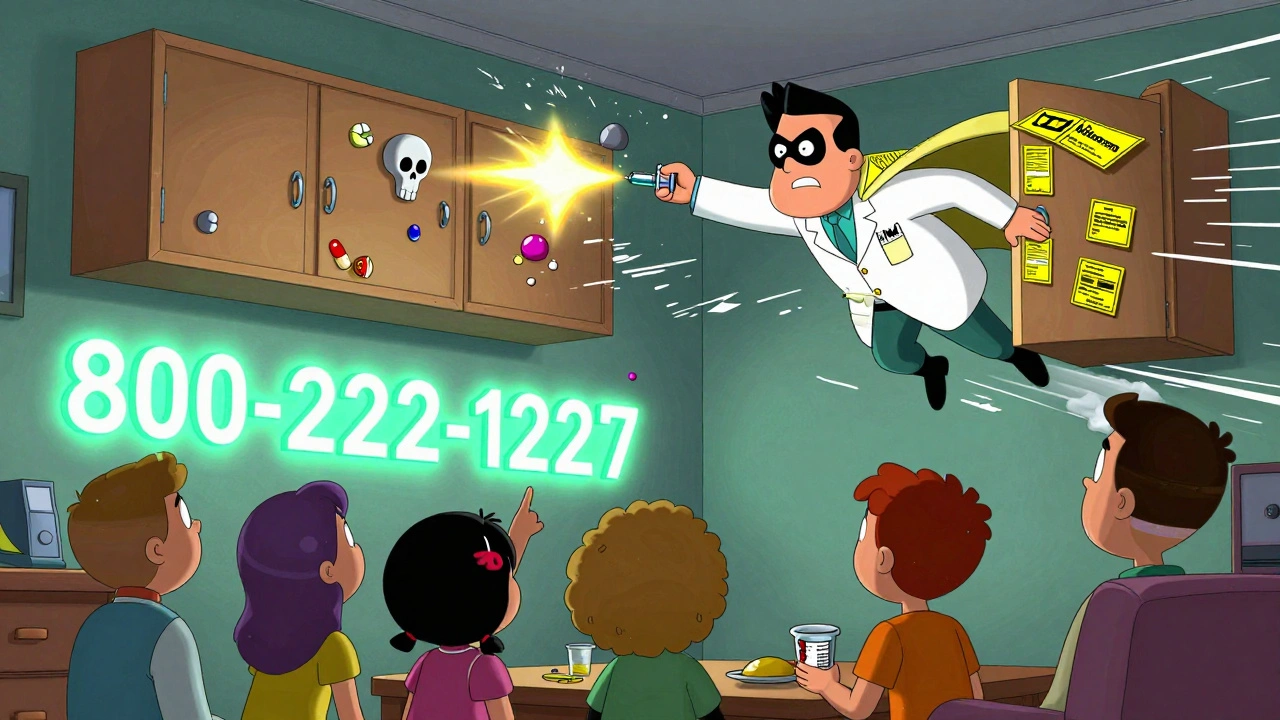 Superhero pharmacist locking medicine cabinets as a glowing phone number appears on the wall, child holding a dosing cup.