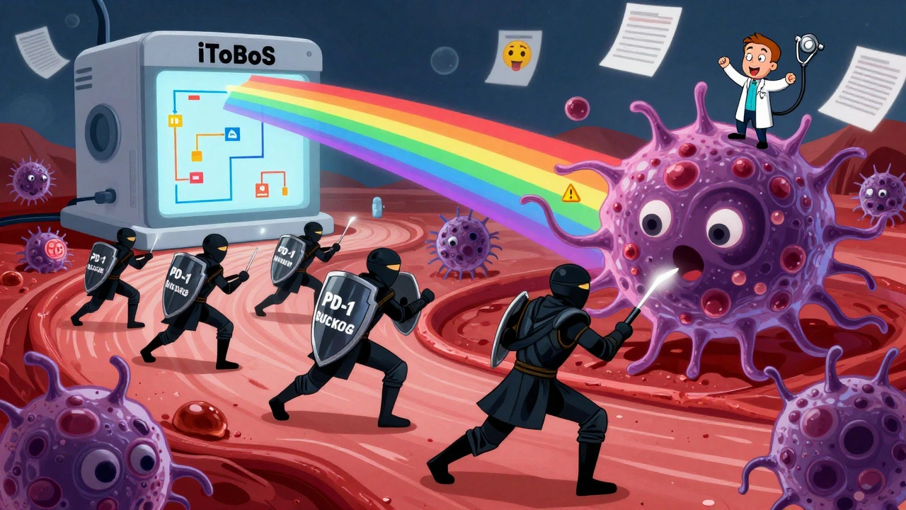 T-cells as ninjas battle melanoma tumors inside the body, with AI scanner beams lighting the way.