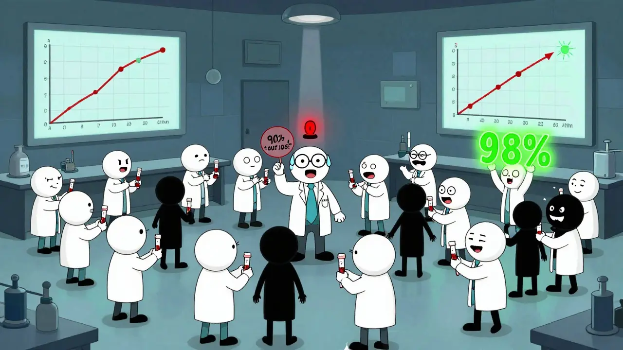 Tiny scientists collect blood samples in a lab, with exploding graphs and a flashing alarm about bioequivalence limits.