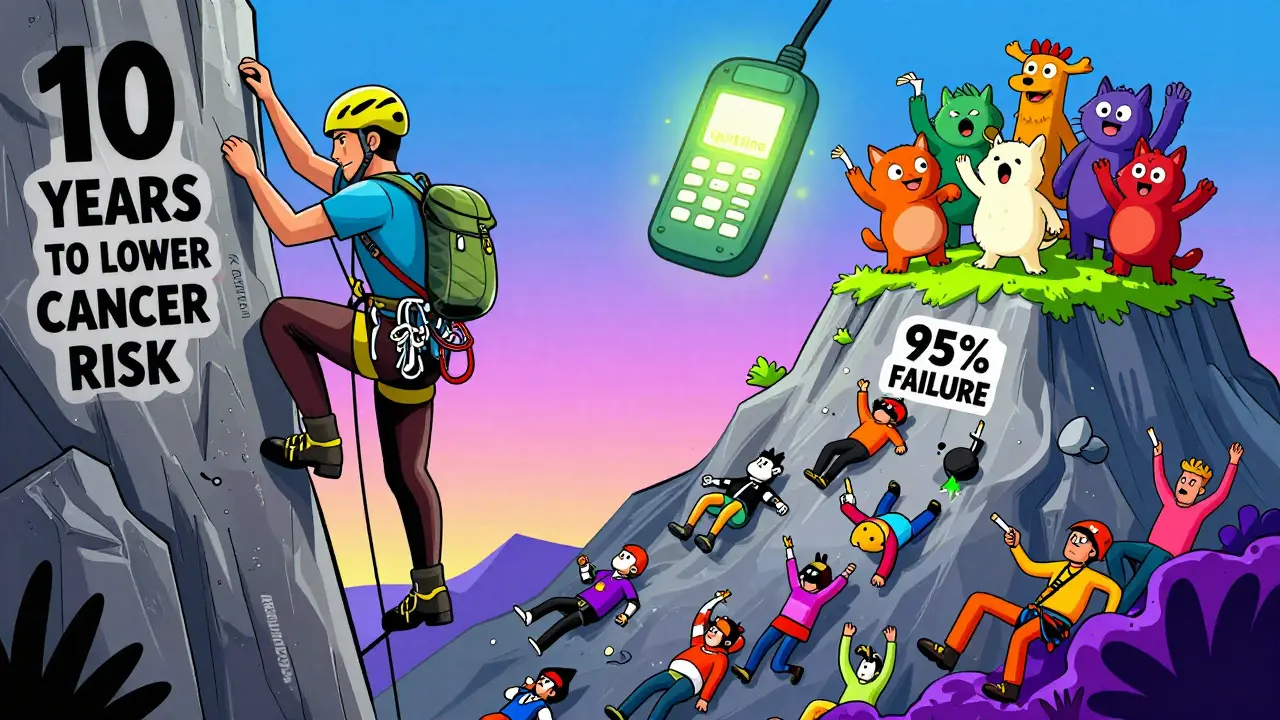 A climber ascending a quit-smoking mountain with medication gear, while others fall below in Adult Swim illustration style.