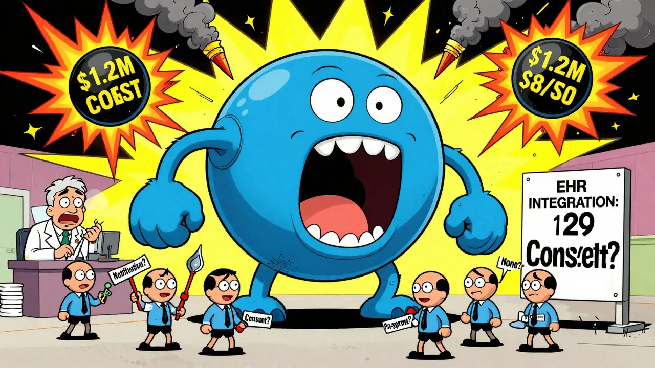 A giant biologic drug monster is battled by 56 state regulators with conflicting rules in a chaotic cartoon landscape.