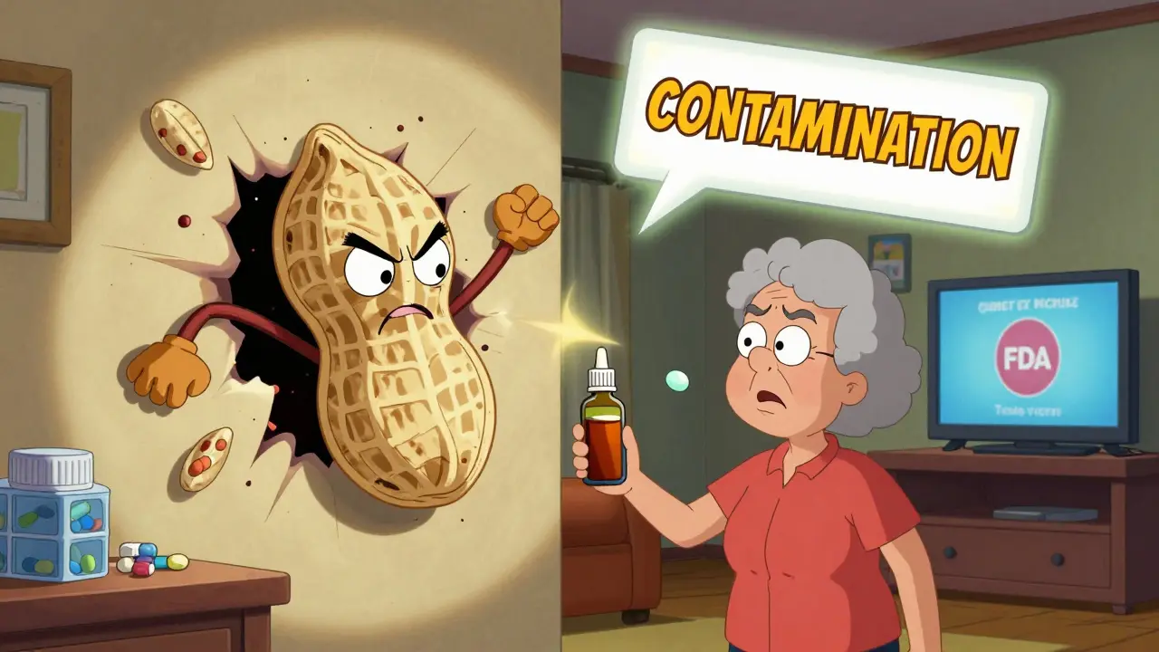A grandmother confronted by a giant angry peanut as a safety alert appears in the air.