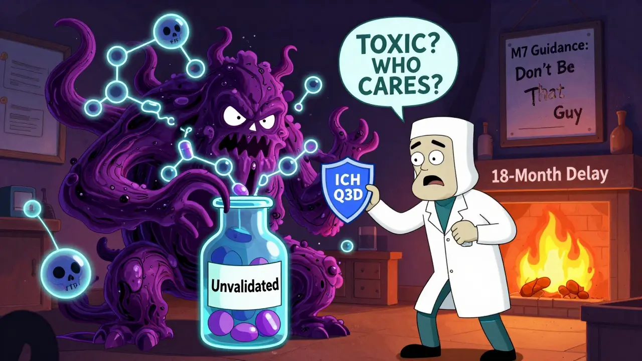 A grotesque impurity monster emerges from a vial as a lab tech tries to protect a drug tablet with a tiny shield.