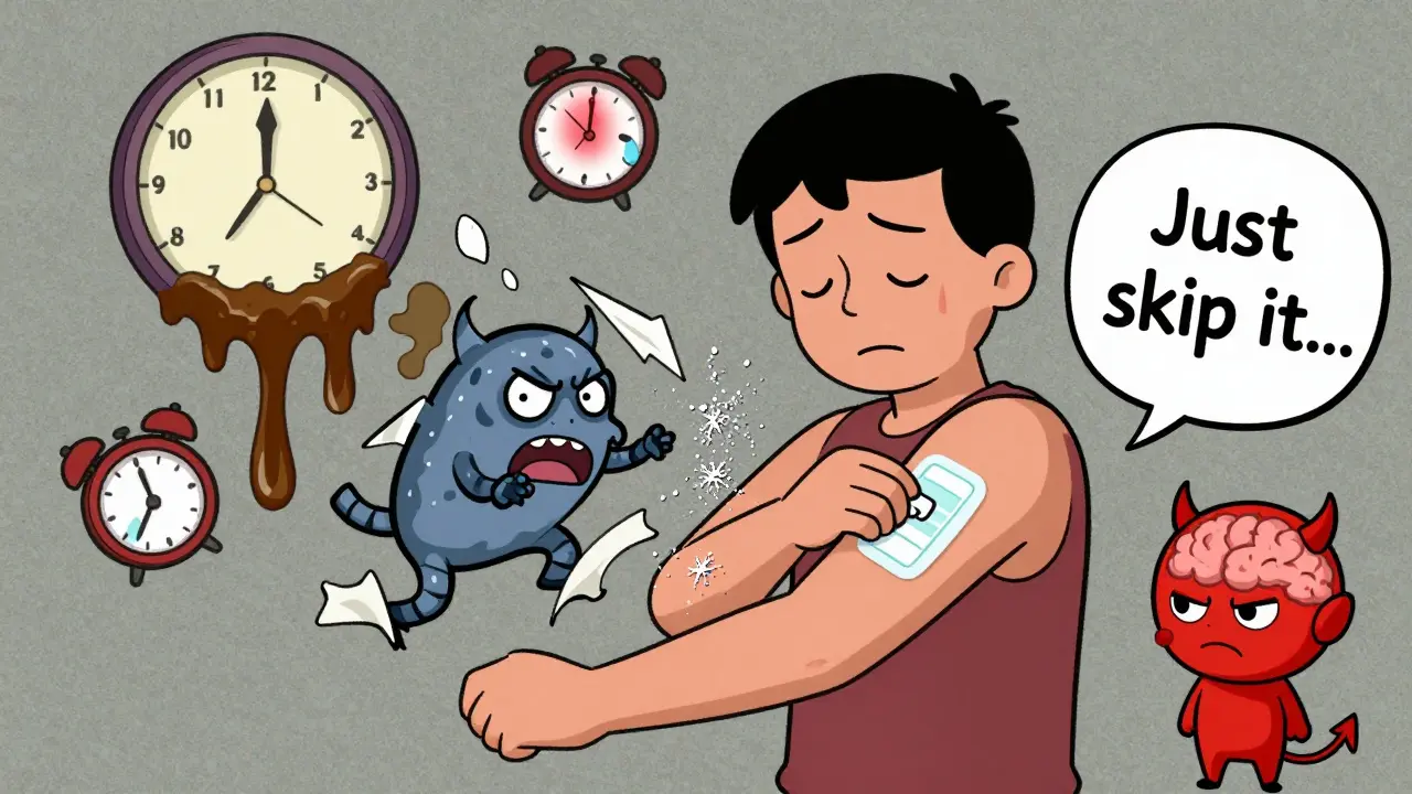 A medical patch fighting to stay on skin, with itch sparks and a melting clock in the background.