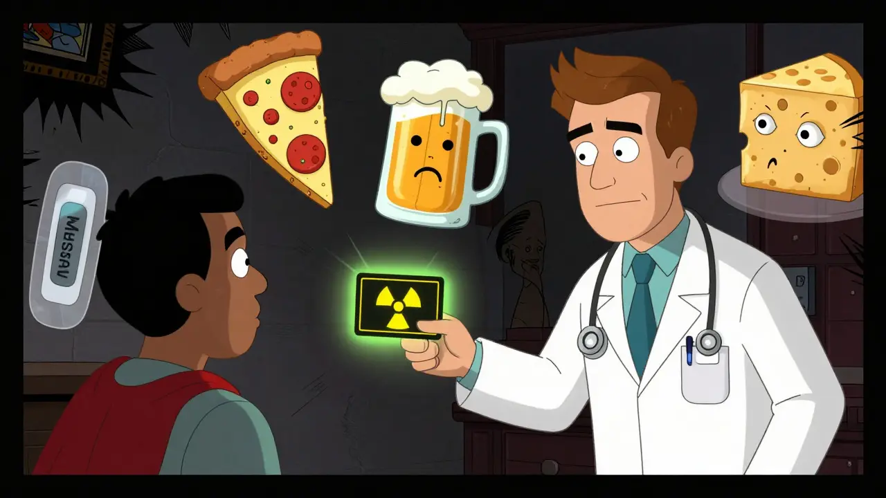 A patient receives a glowing warning card while anthropomorphic risky foods loom nearby, with an Emsam patch glowing like a cape.