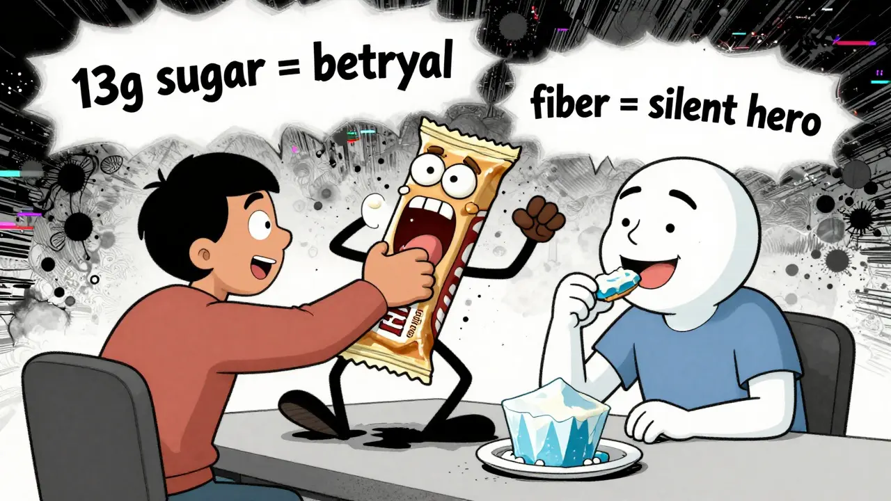 A person fights a screaming protein bar while another enjoys cottage cheese bark, with satirical nutrition text floating nearby.