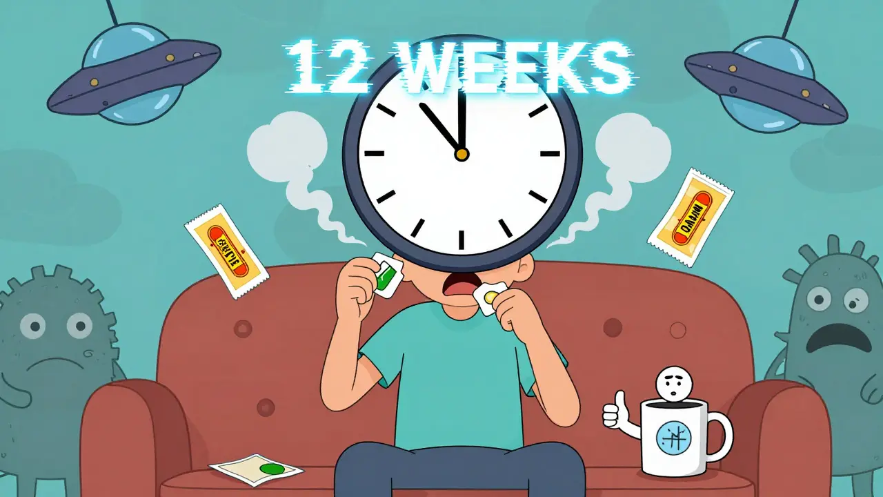 A person surrounded by floating nicotine patches and gum, with smoke escaping from their ears in Adult Swim cartoon style.