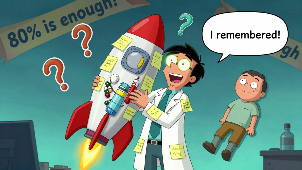 A pharmacist launching a pillbox rocket ship with meds inside, symbolizing simple adherence success.