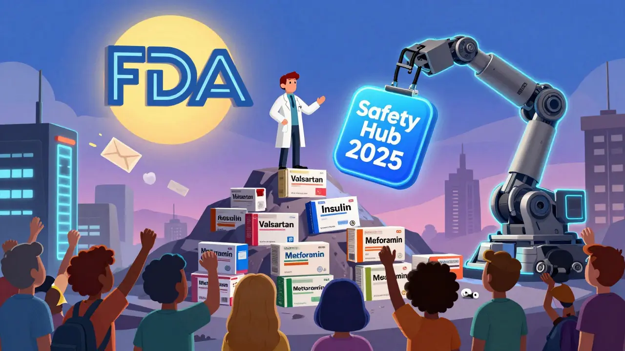 A pharmacist on a pile of recalled drugs as a new FDA app drops from the sky in cartoon style.