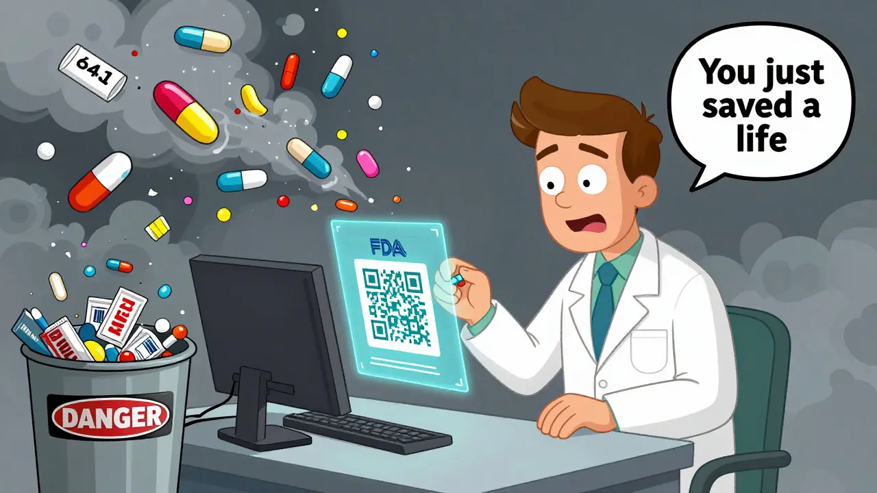 A pharmacist scanning a pill with a QR code that verifies its authenticity, while fake drugs dissolve into smoke.