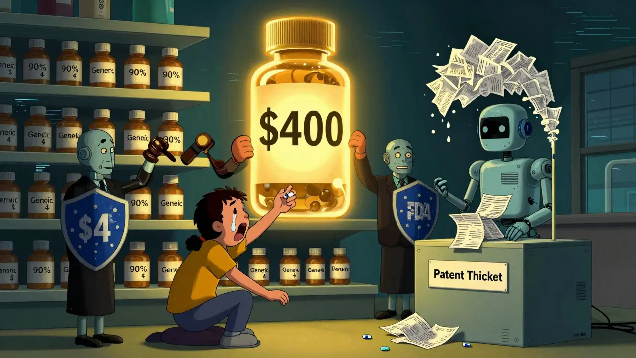 A pharmacy shelf with cheap generics and one glowing expensive brand pill guarded by lawyer robots.