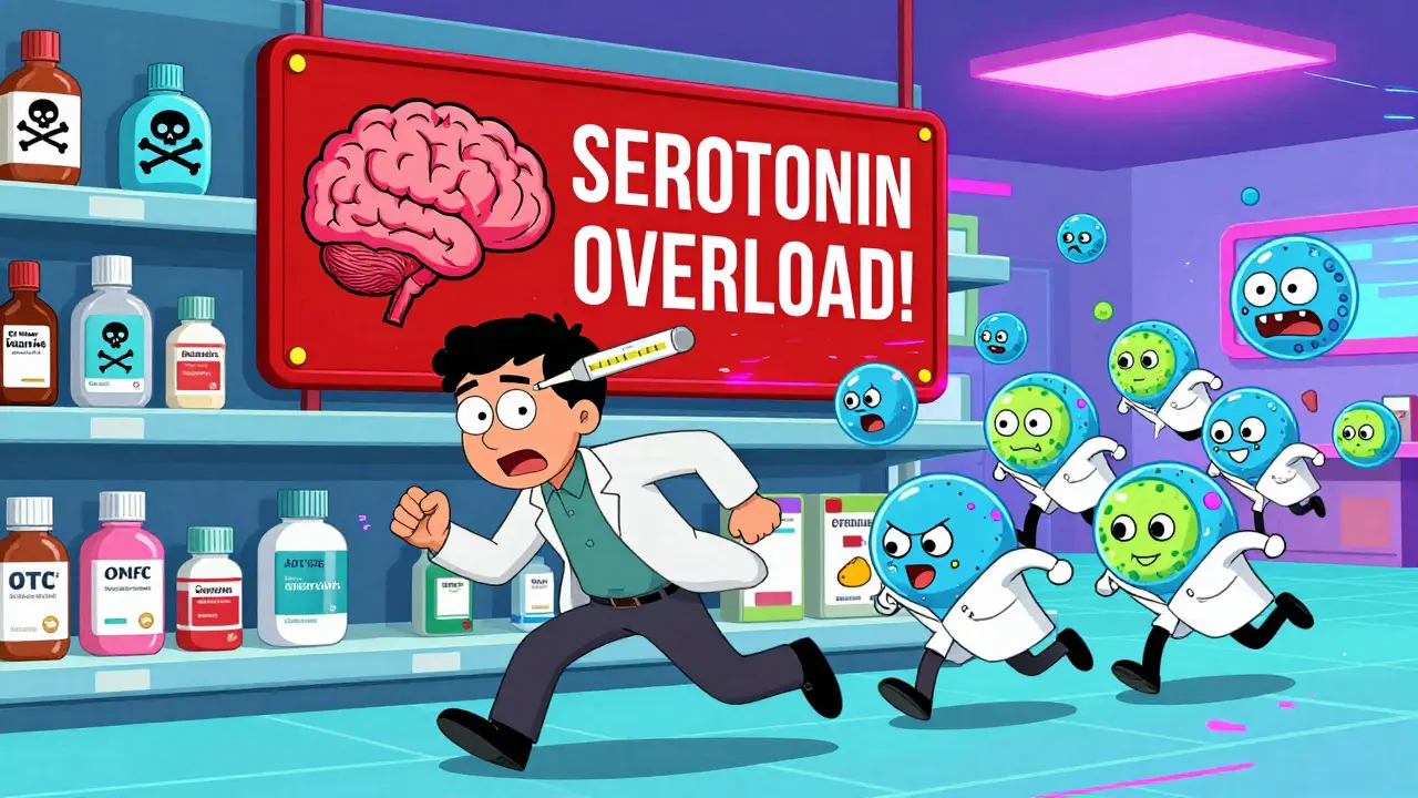 A pharmacy shelf with deadly OTC meds labeled as skulls, chased by angry serotonin molecules under a screaming brain warning sign.