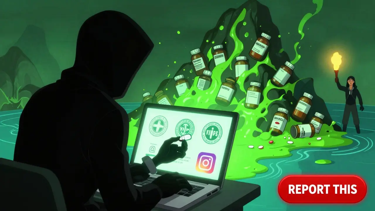 A shadowy seller offering fake pills online, with a mountain of counterfeit drugs turning into toxic sludge behind him.