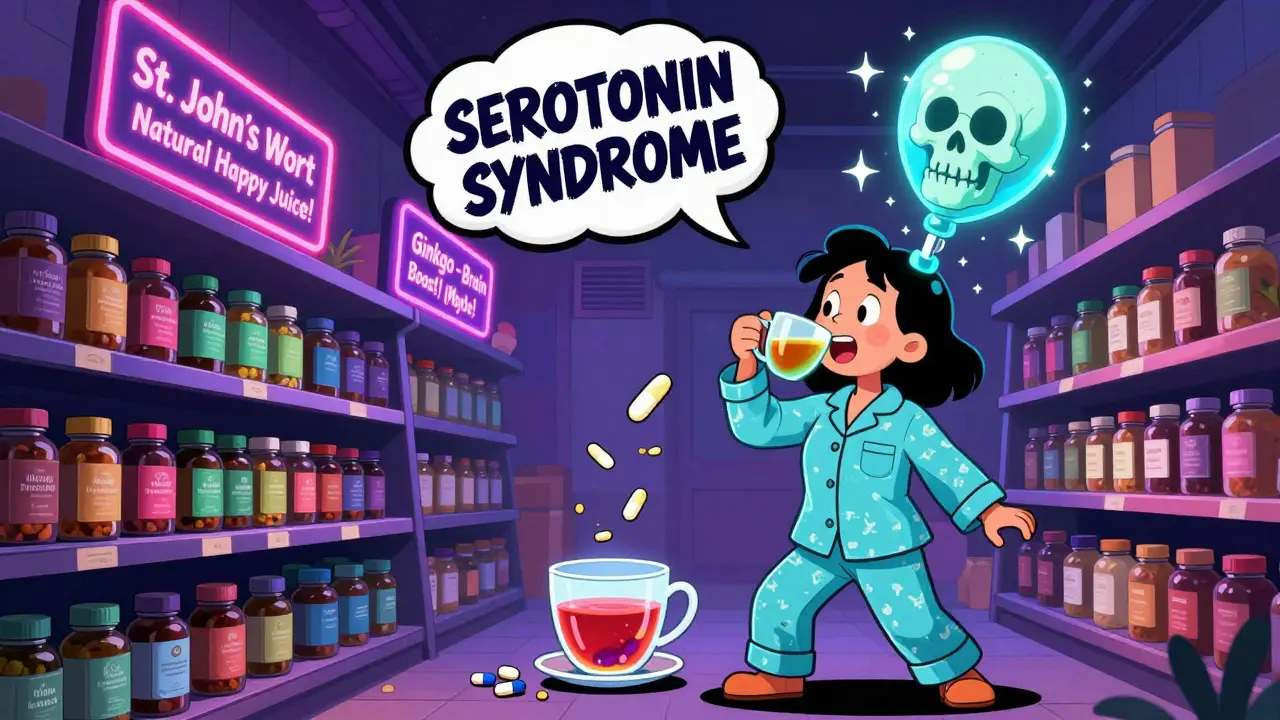 A woman mixing herbal supplements with antidepressants, her head inflating with serotonin sparks in a neon-lit herbal aisle.