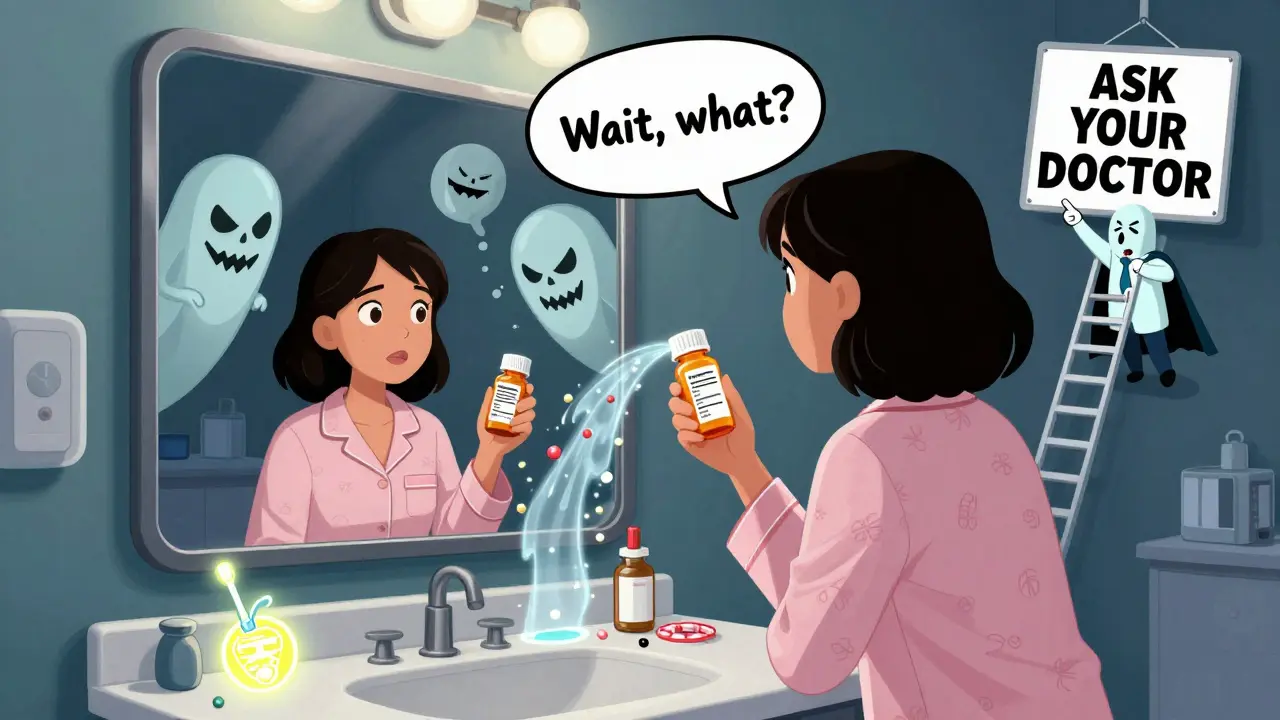 A woman realizing her birth control is failing due to seizure meds, while safer alternatives glow beside her.