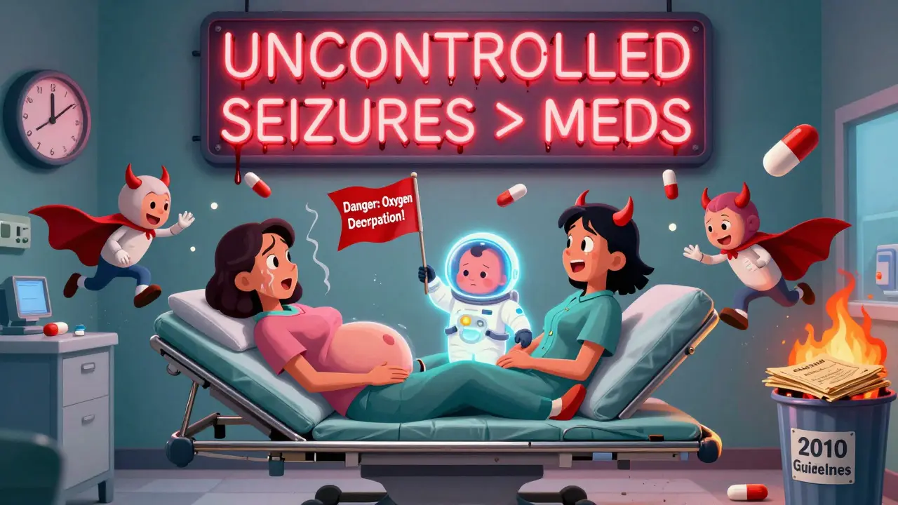 A woman seizing in hospital as her baby warns of oxygen danger, with dangerous pills chasing safe ones.