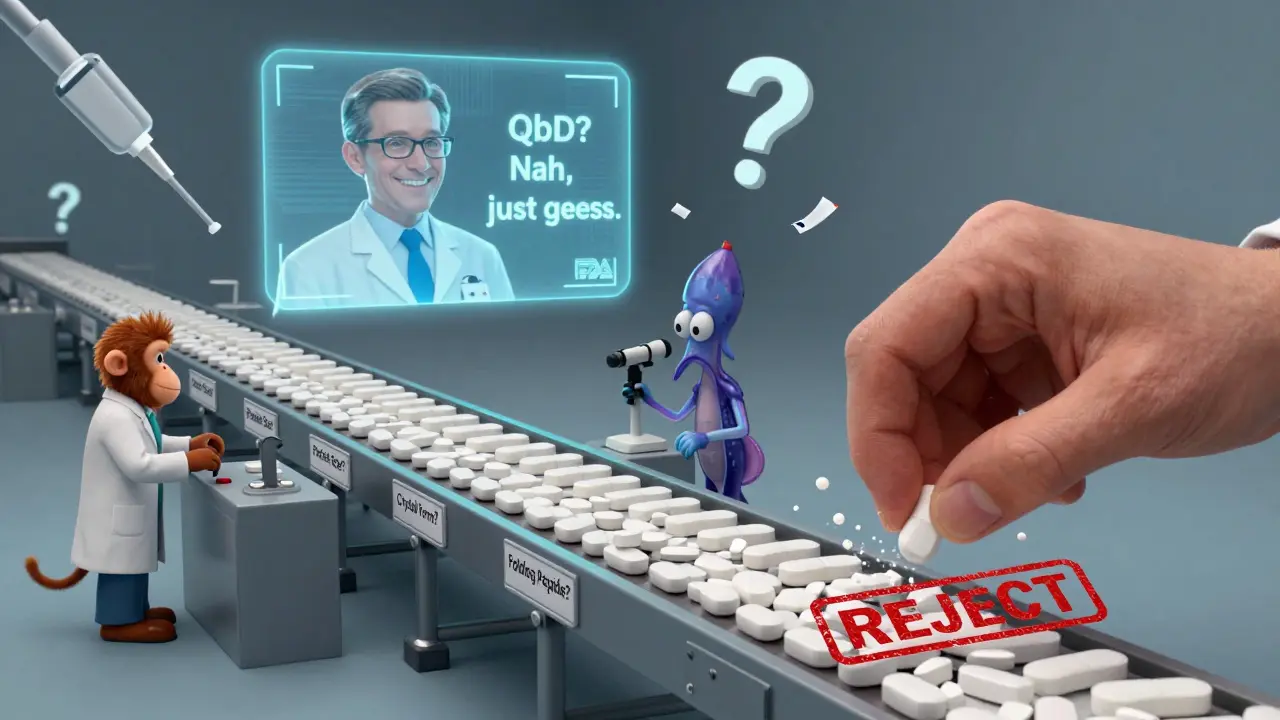 An absurd assembly line fails to replicate a brand-name tablet, crushed by a giant FDA stamp.