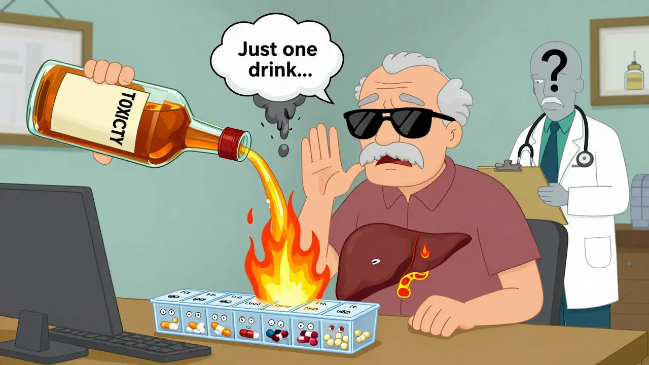 An elderly man overwhelmed by multiple pills as an alcohol bottle poisons his liver, in Adult Swim cartoon style.