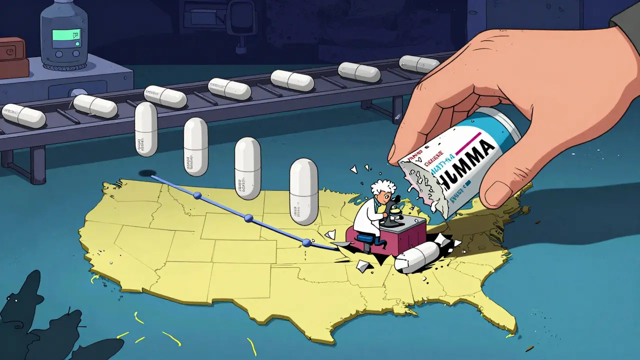 ANDA pills roll down global supply chain to India and China, one cracks open revealing a stressed scientist, patent logo shatters.