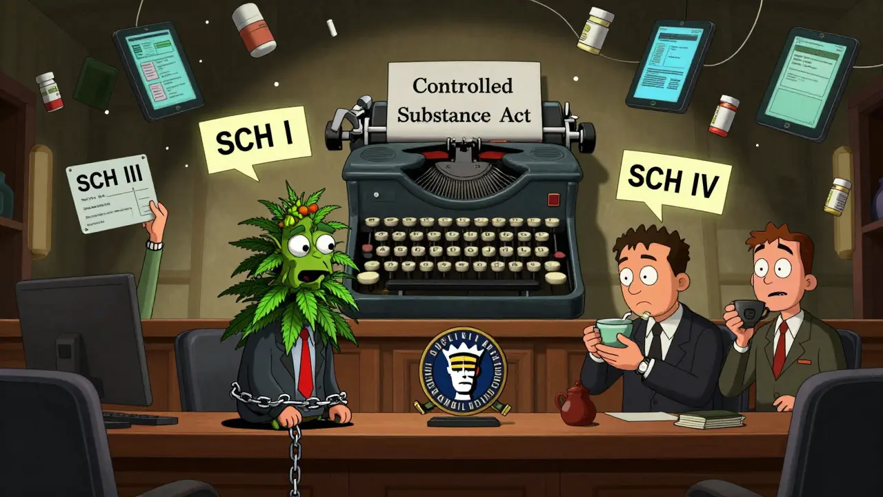 Cannabis plant in lawyer suit arguing in courtroom with floating schedule codes and DEA judge under raining prescriptions.