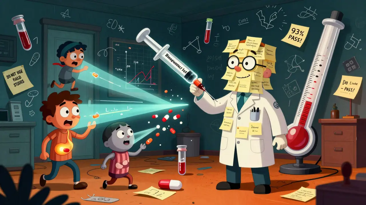 Cartoon lab technician testing pills with floating blood samples and FDA graphs in a chaotic, neon-lit lab.