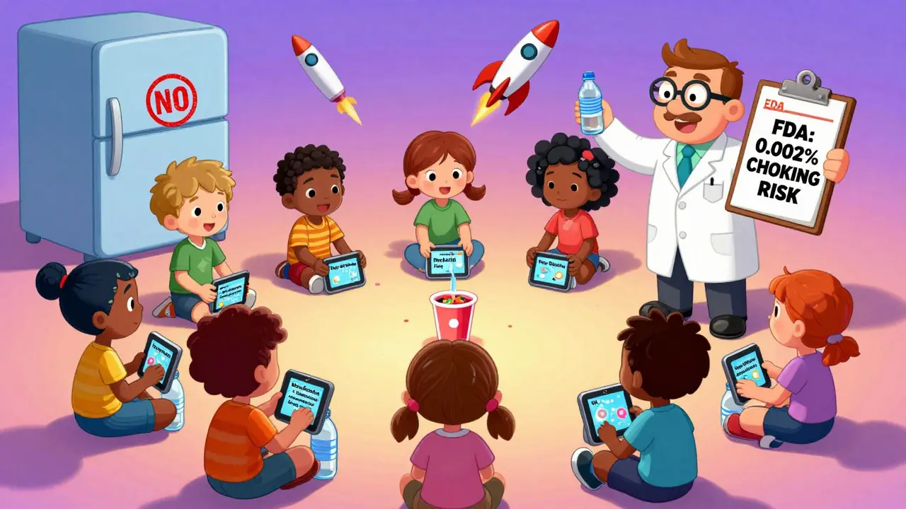 Children playing a game to swallow mini-tablets using the pop-bottle trick with a doctor watching.