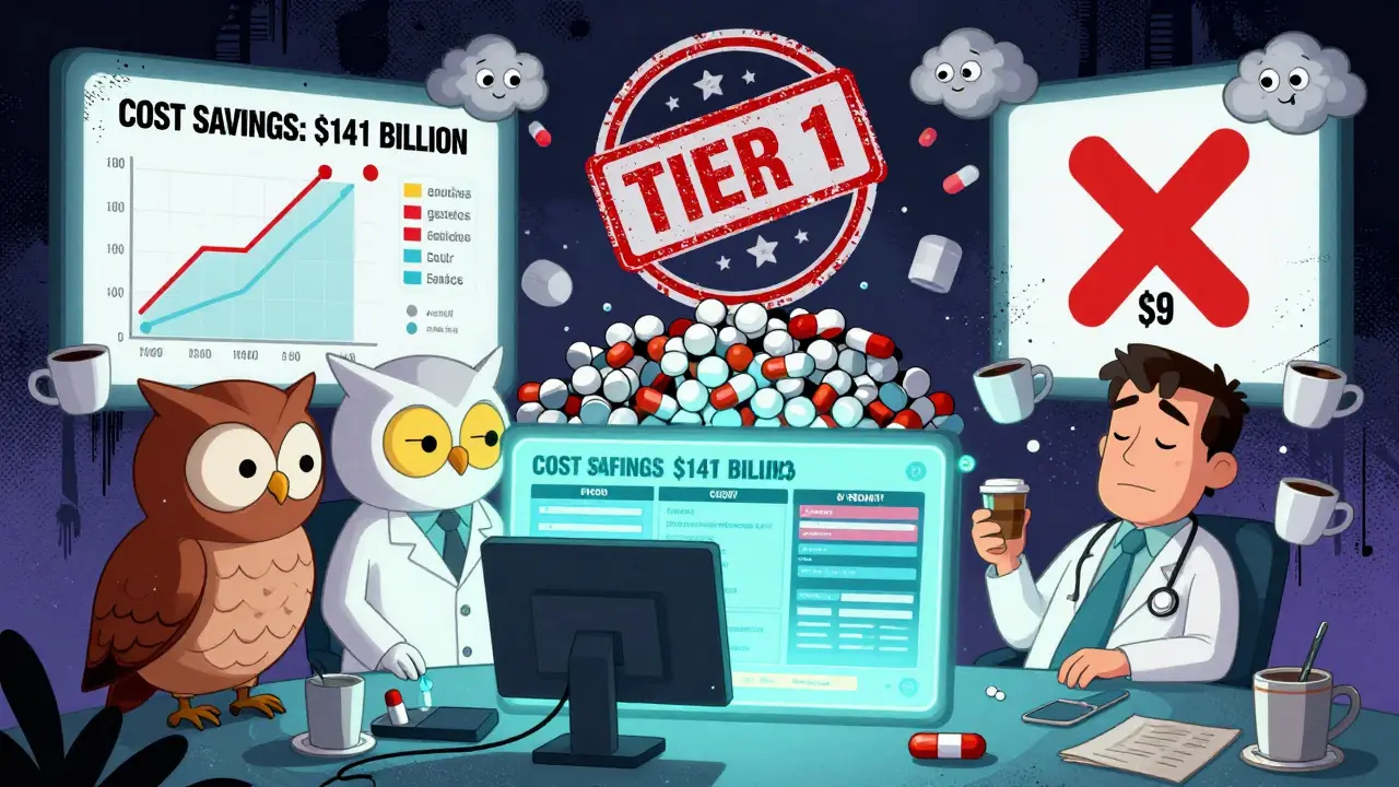 Eccentric P&amp;T committee reviewing drug data with cost graphs and rejected pills in the background.