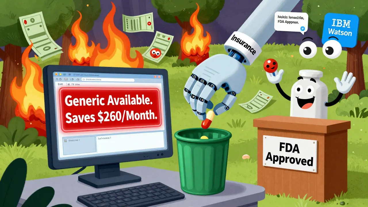 EHR screen displays alert about generic savings as insurance pushes brand pill to trash, generic pill celebrates on podium.
