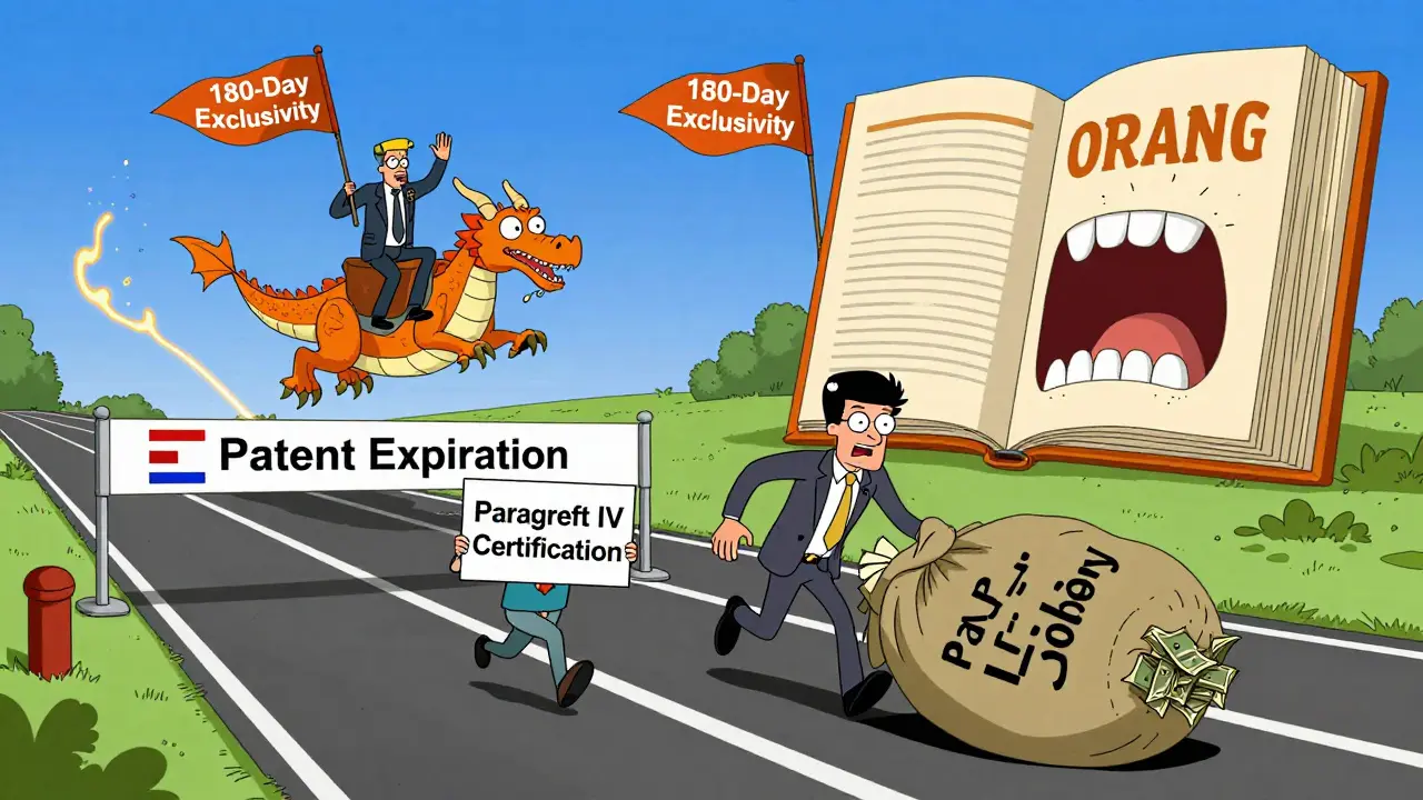 Generic drug companies racing to a patent expiration finish line while brand executives ride a patent dragon.