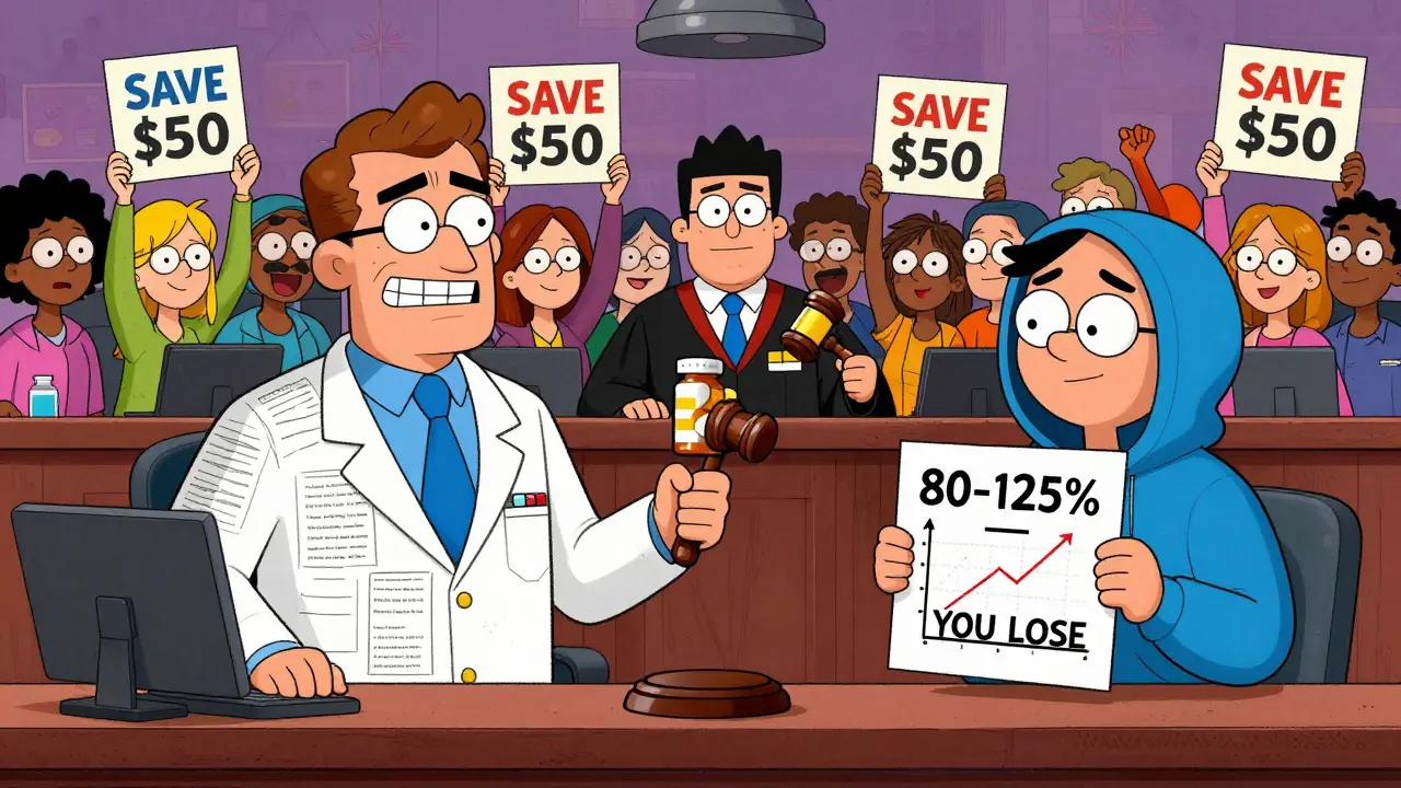 Generic drug maker defeats brand-name CEO in FDA courtroom, patients cheer with savings signs in vibrant cartoon style.